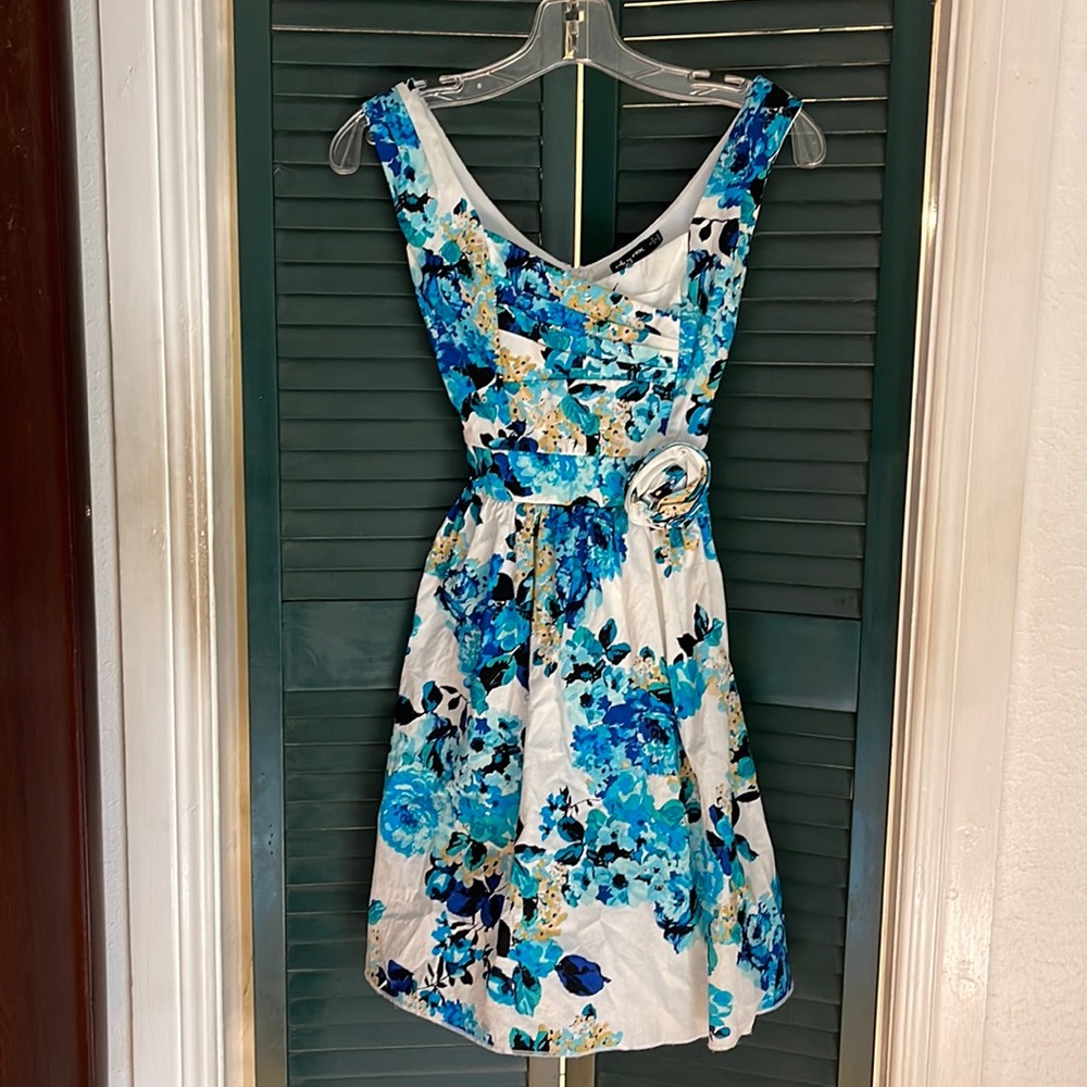 Ruby Rox, blue, green, and black, tank strap floral dress.